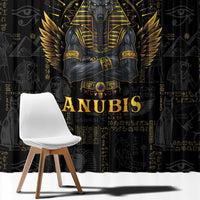 Black window curtain with large gold Anubis portrait and bold "ANUBIS" text