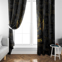 Black window curtain panels with gold Anubis design and flowing hieroglyph pattern