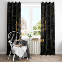 Black window curtain panels with gold Anubis emblem and winged figure motif