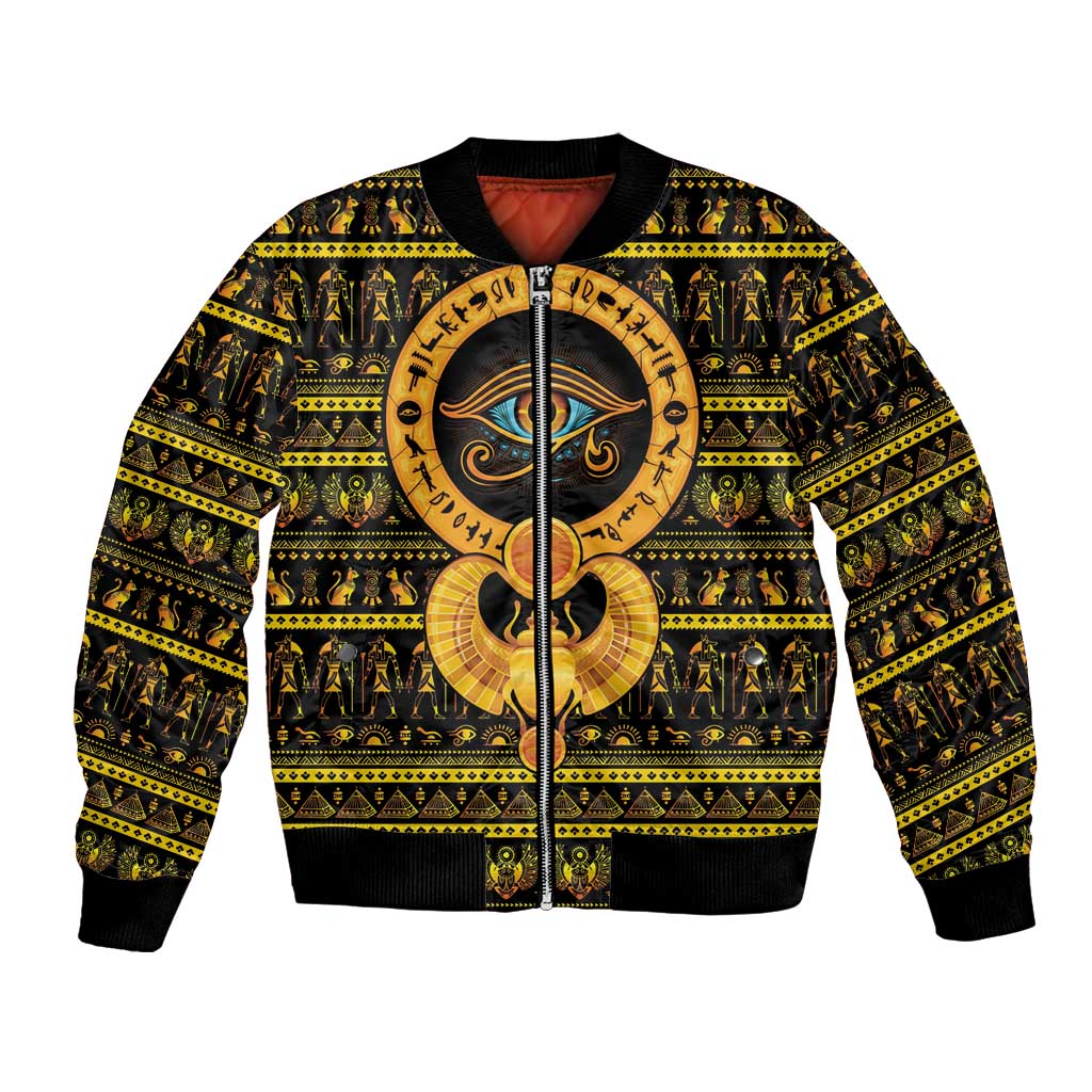 Unisex black bomber jacket with gold Eye of Ra graphic and zipper front
