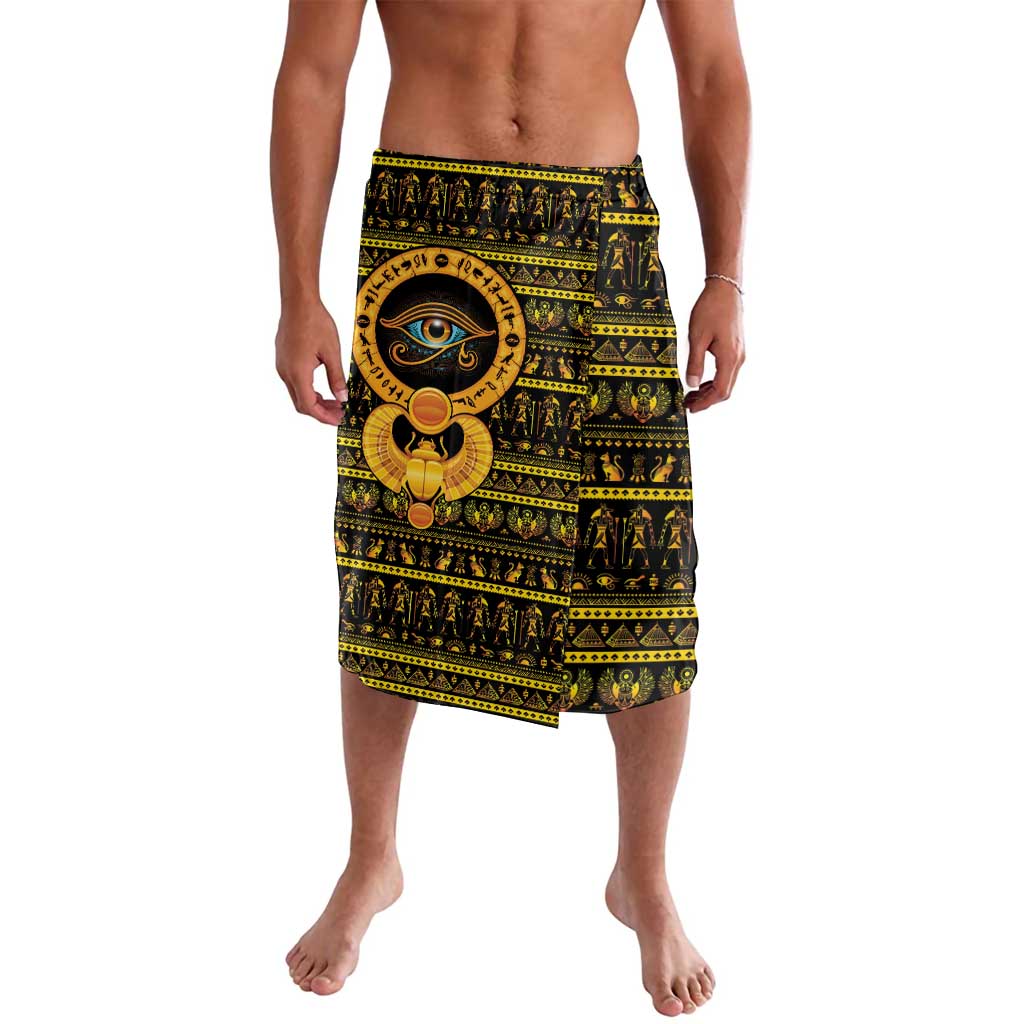 Black and gold Eye of Ra lavalava wrap skirt with all-over hieroglyph pattern