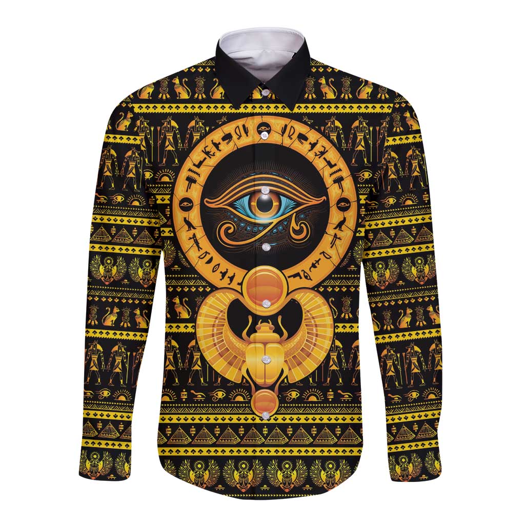 Black long-sleeve button shirt with gold and teal Eye of Ra graphic