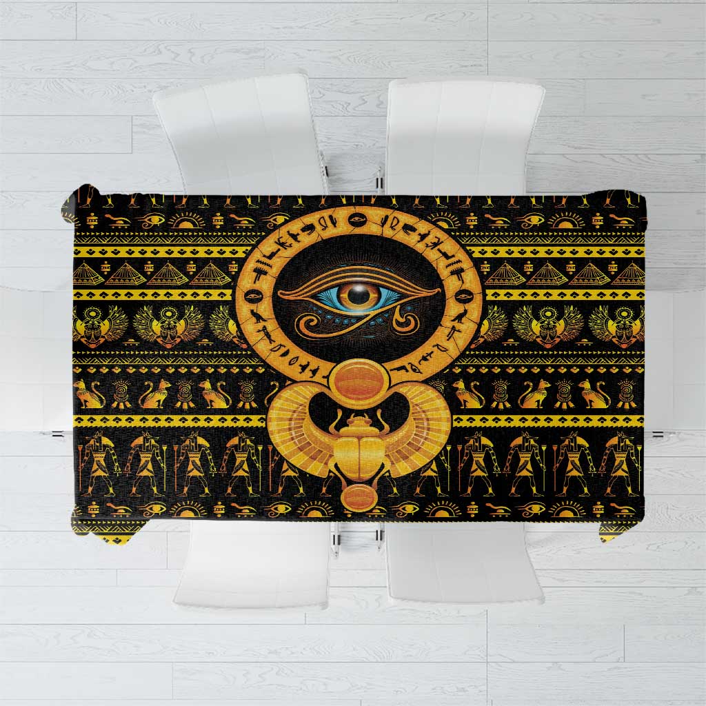 Egyptian Eye of Ra tablecloth, black with gold circular eye emblem and hieroglyph pattern