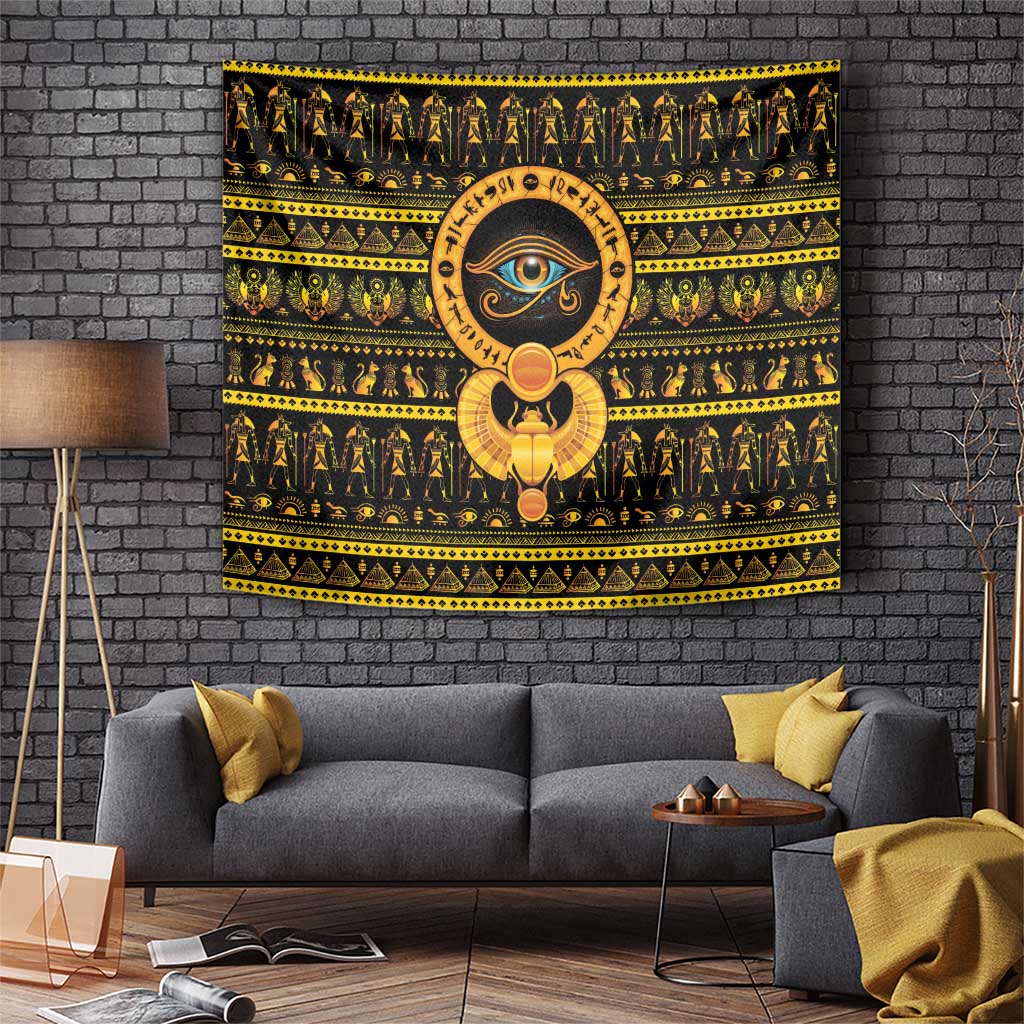 Black and gold Egyptian Eye of Ra tapestry with gold circle and central eye motif