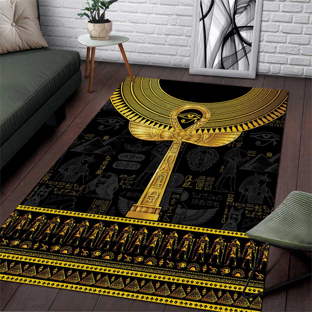 Black and gold Egyptian ankh hieroglyph area rug with ornate border pattern