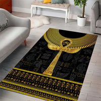 Black and gold Egyptian ankh hieroglyph area rug with wide central cross motif