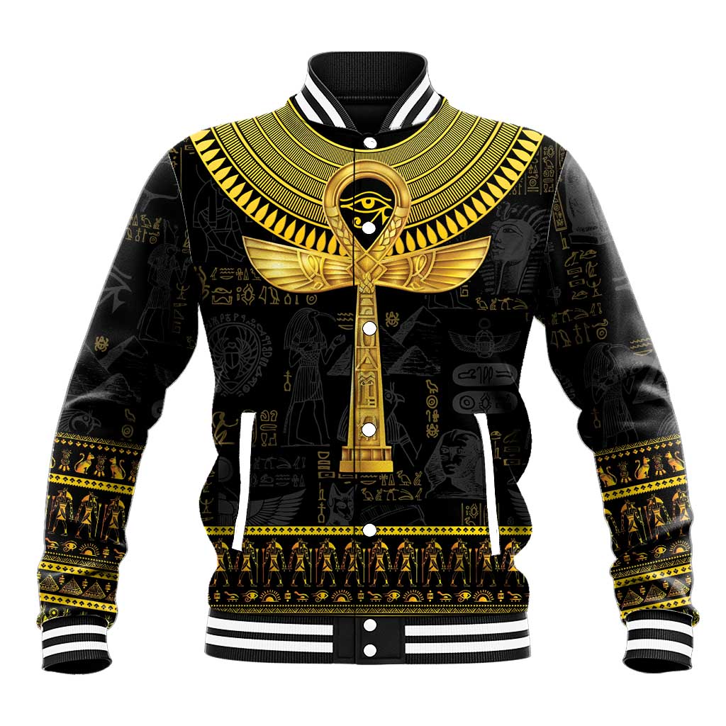 Black baseball jacket with gold Egyptian hieroglyphs, striped ribbed collar, snap front