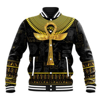 Black baseball jacket with gold Egyptian hieroglyphs, striped ribbed collar, snap front