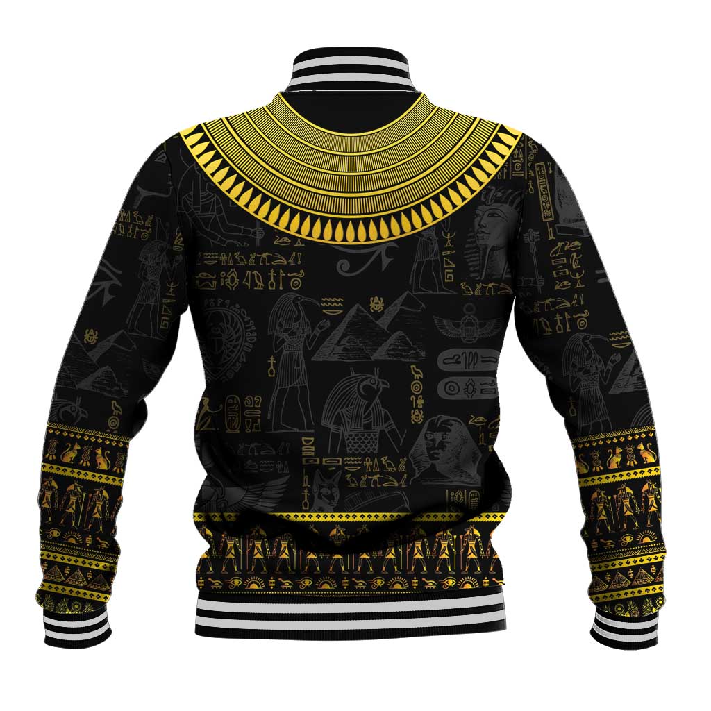 Black baseball jacket with gold Egyptian hieroglyphs, ribbed striped hem and cuffs