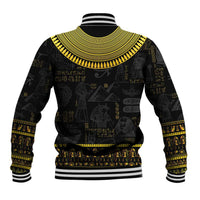 Black baseball jacket with gold Egyptian hieroglyphs, ribbed striped hem and cuffs