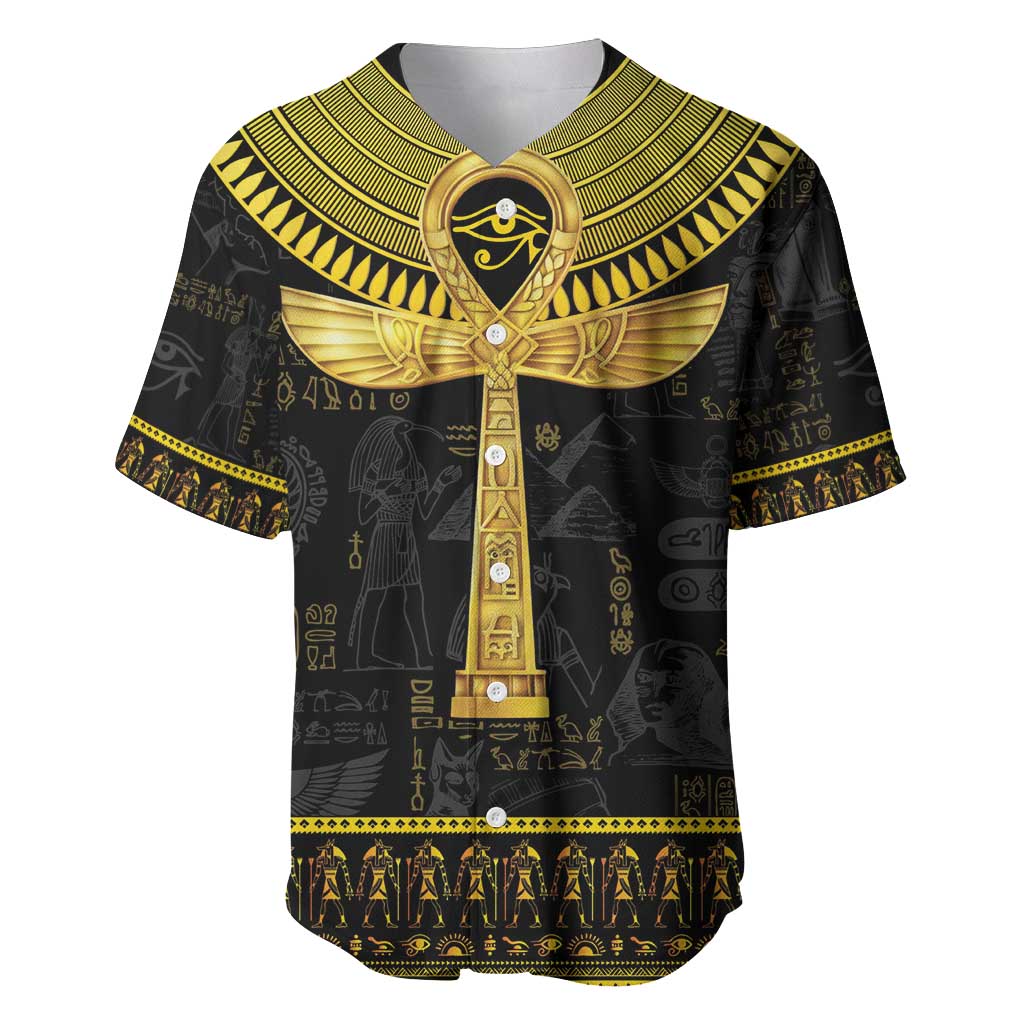 Black baseball jersey with gold Ankh and Egyptian hieroglyphs, buttoned placket