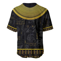 Black baseball jersey with gold Egyptian hieroglyph pattern and ribbed yellow collar