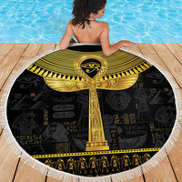 Round black beach blanket with gold ankh tower and hieroglyph pattern, white fringe border