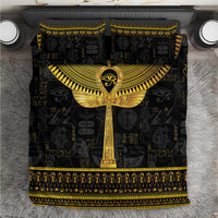 Black bedding set with gold Egyptian ankh and hieroglyphs motif; duvet and two pillows