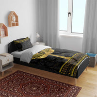 Black duvet with gold Egyptian ankh and hieroglyphs print; two matching pillow covers
