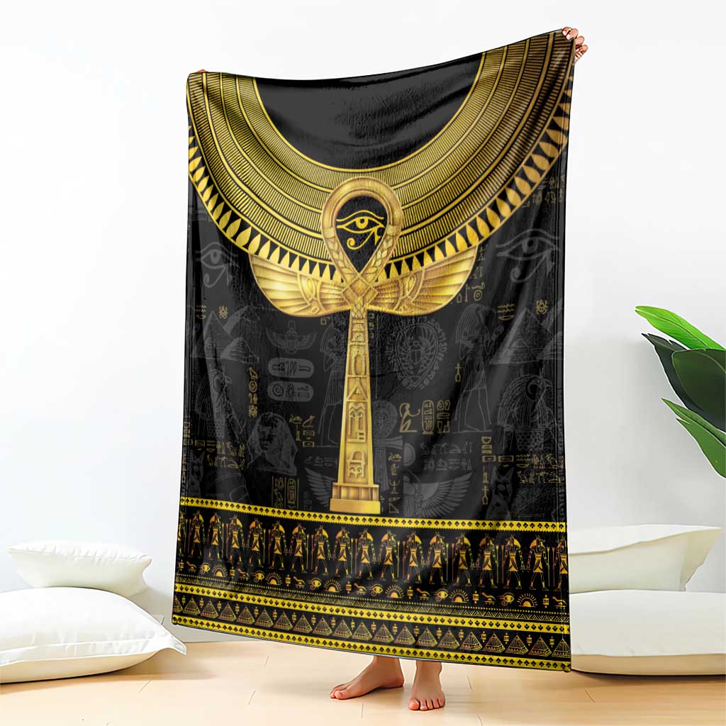 Black Egyptian ankh hieroglyph blanket with large gold winged emblem and stripe border