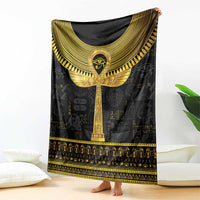 Black Egyptian ankh hieroglyph blanket with large gold winged emblem and stripe border