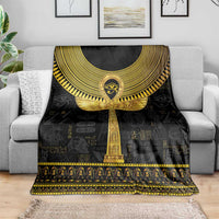Black Egyptian ankh hieroglyph blanket with gold winged symbol centerpiece and patterned hem