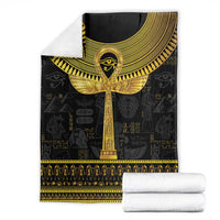 Black Egyptian ankh hieroglyph blanket folded with gold winged altar emblem and repeating border