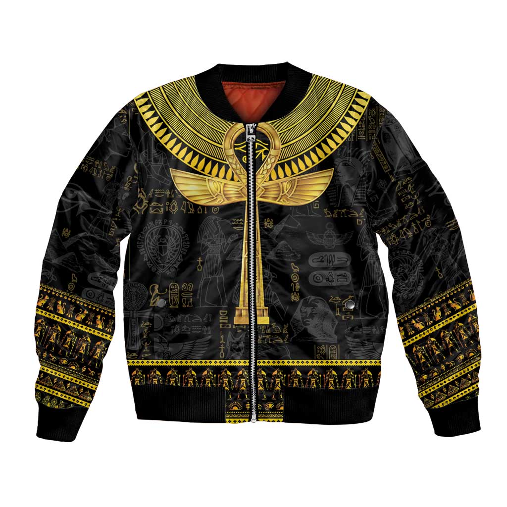 Black bomber jacket with gold ankh and hieroglyph pattern, full front zipper