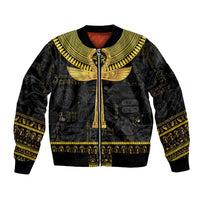 Black bomber jacket with gold ankh and hieroglyph pattern, full front zipper