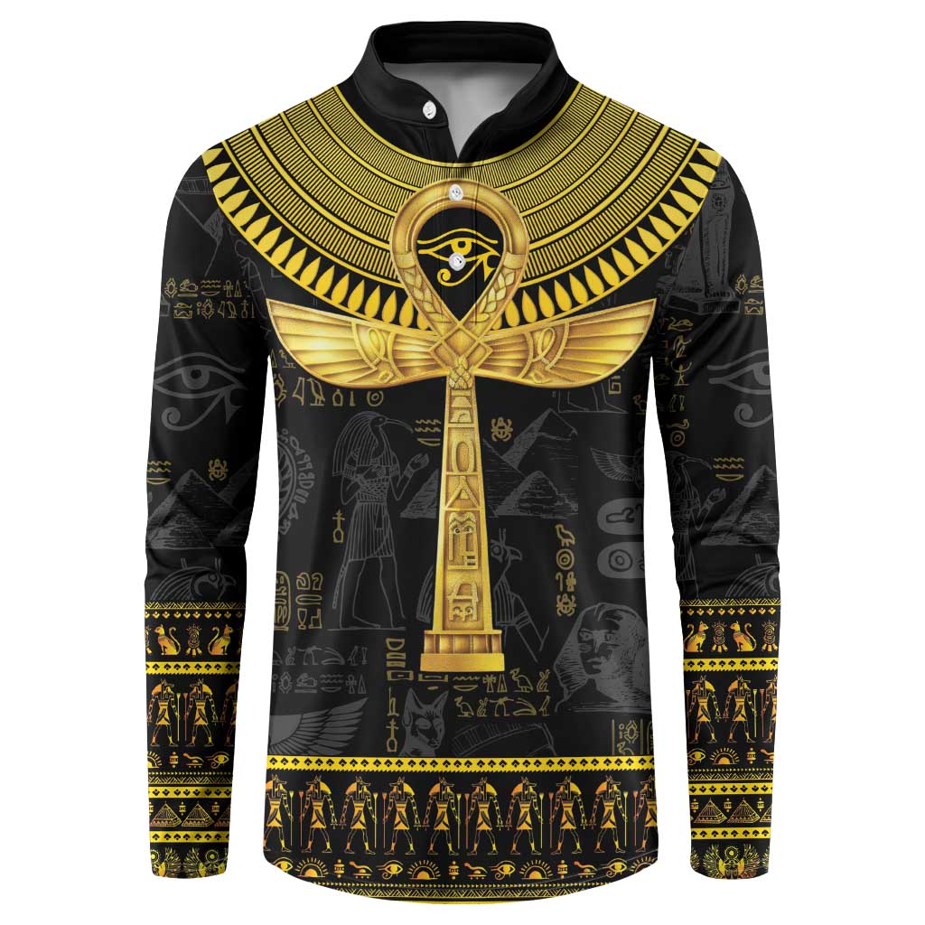 Black button-front sweatshirt with gold Ankh and hieroglyph print, long sleeves