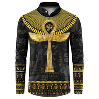 Black button-front sweatshirt with gold Ankh and hieroglyph print, long sleeves