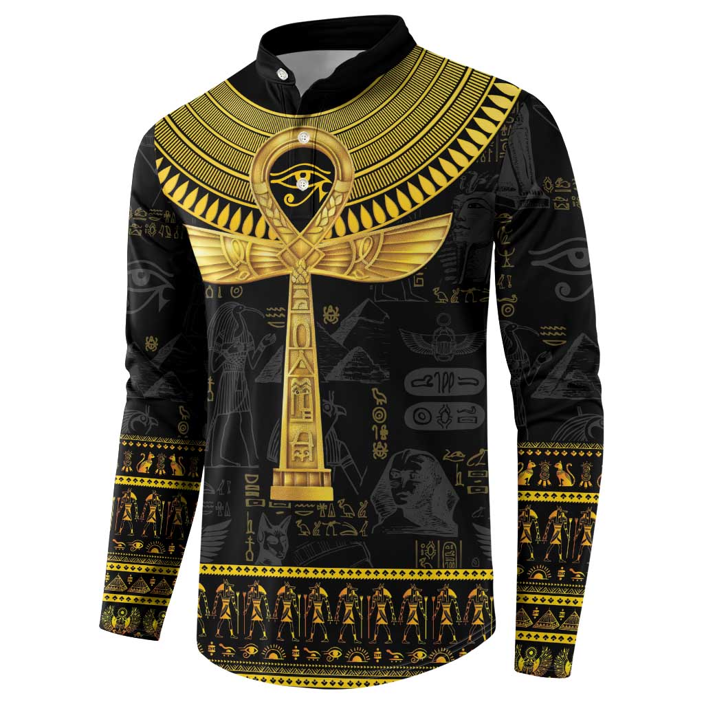 Black sweatshirt with large gold Ankh emblem and patterned Egyptian icons, long sleeves
