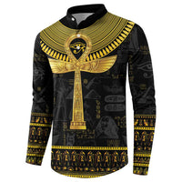 Black sweatshirt with large gold Ankh emblem and patterned Egyptian icons, long sleeves