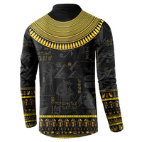 Black sweatshirt with gold collar trim and Egyptian hieroglyph panel print, long sleeves