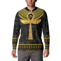 Black button-front sweatshirt with centered gold Ankh figure and ornate border pattern