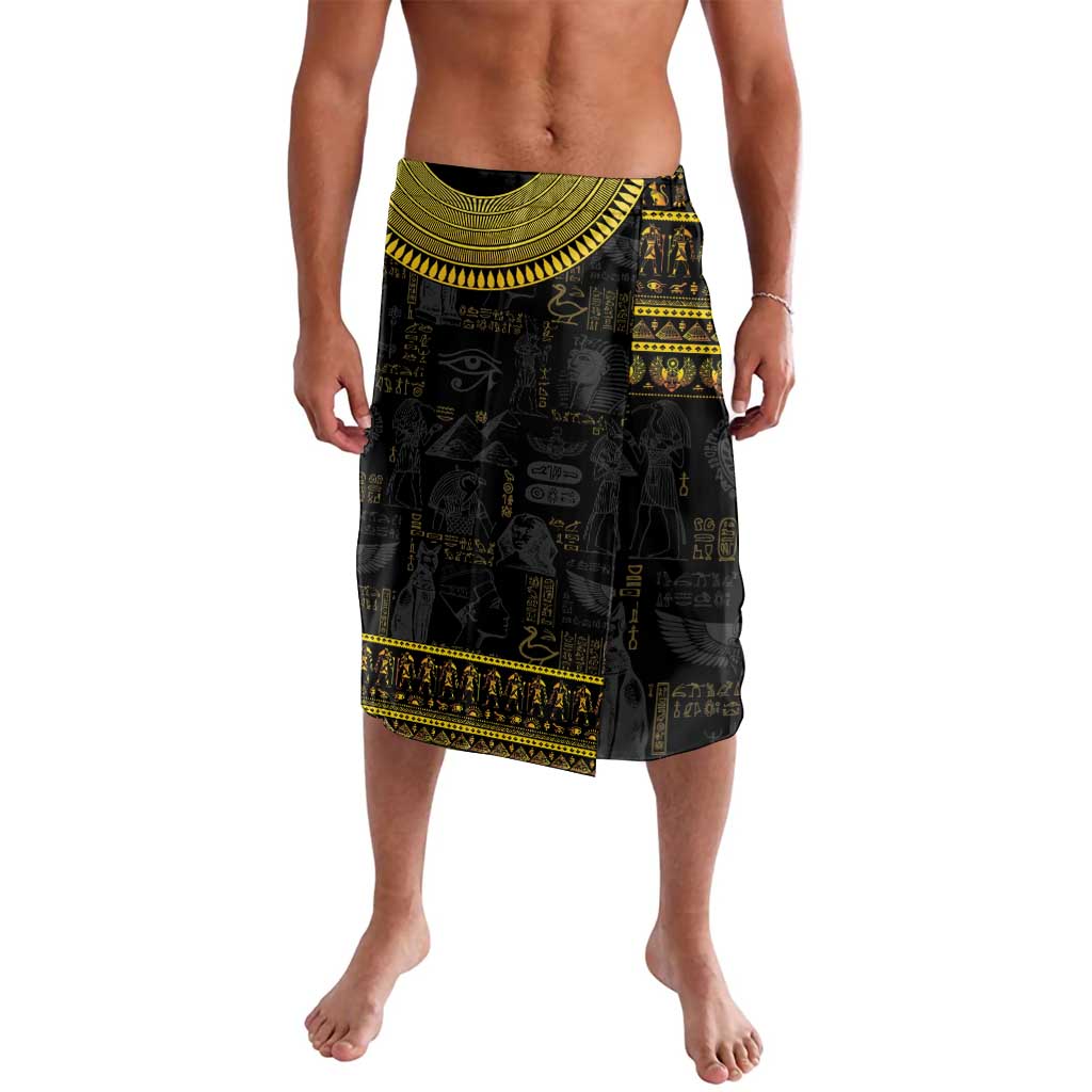 Black lavalava skirt with yellow-gold Egyptian hieroglyph panel print, knee length