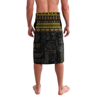 Black lavalava with horizontal yellow-gold Egyptian hieroglyph band and border print, knee length