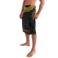 Black and yellow-gold Egyptian hieroglyph wrap lavalava with side split hem, knee length
