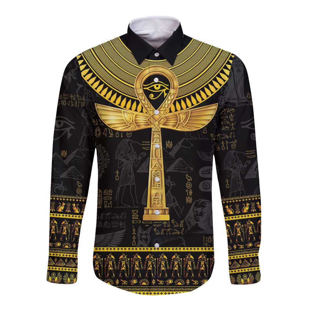 Black long-sleeve button shirt with gold Egyptian ankh hieroglyph graphic, front view