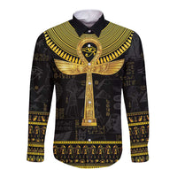 Black long-sleeve button shirt with gold Egyptian ankh hieroglyph graphic, front view