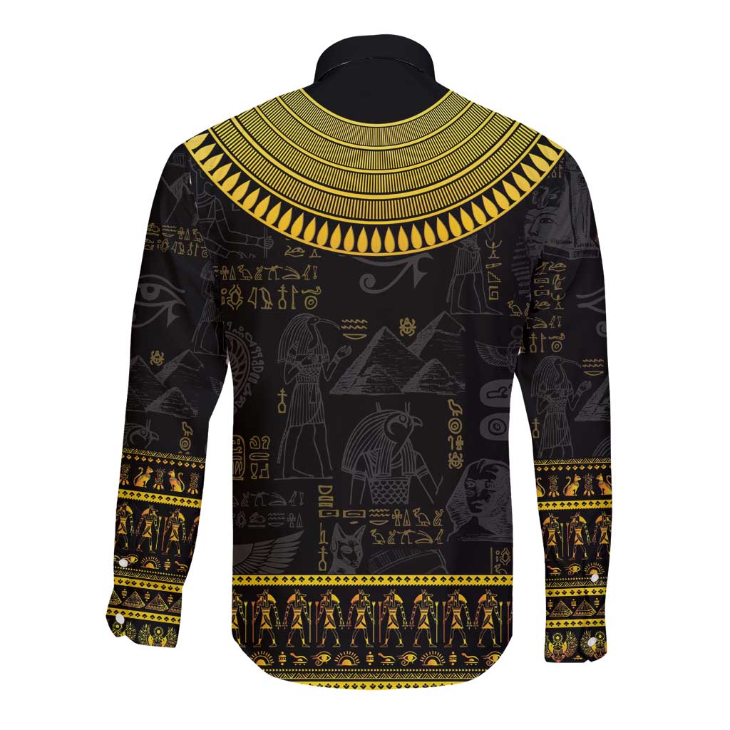 Black long-sleeve button shirt with gold Egyptian hieroglyph print, back view