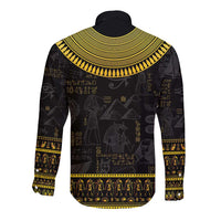 Black long-sleeve button shirt with gold Egyptian hieroglyph print, back view