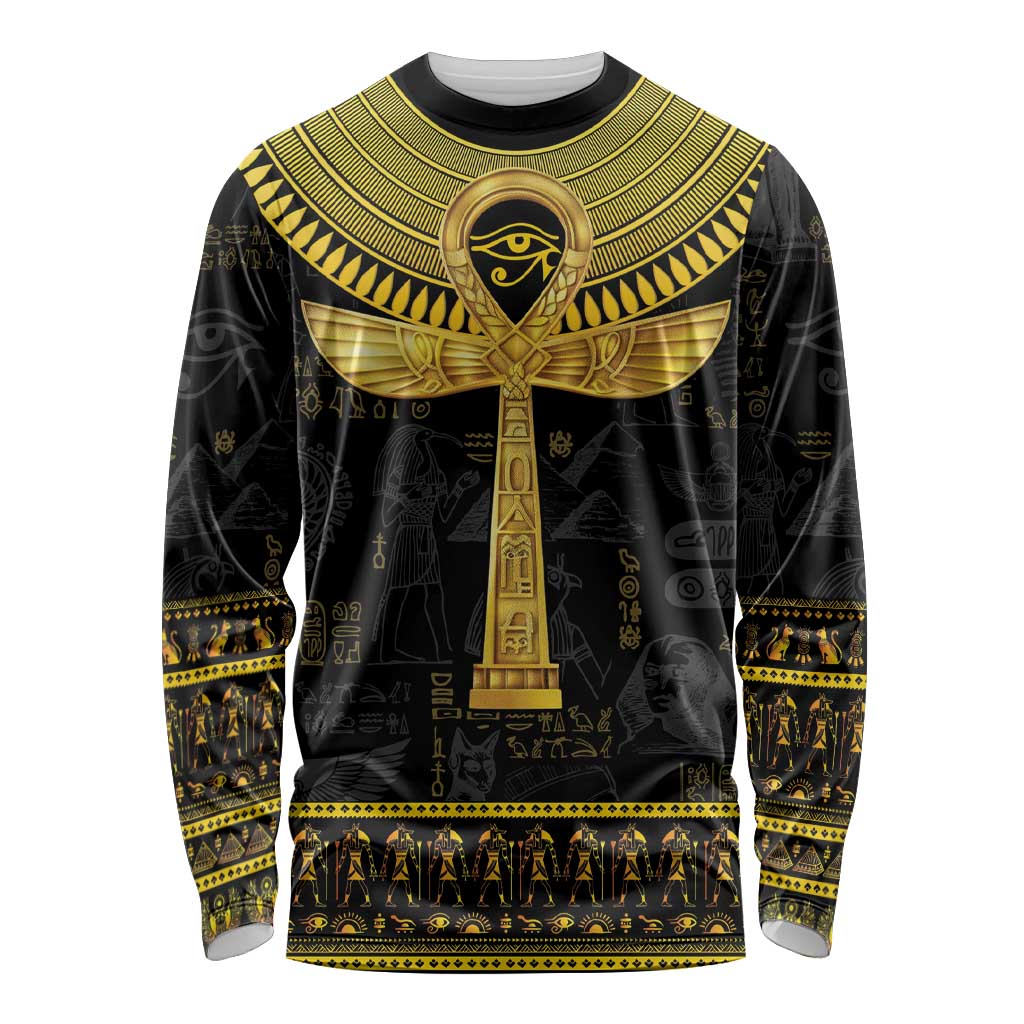 Unisex black long-sleeve shirt with large gold Egyptian ankh and hieroglyph print