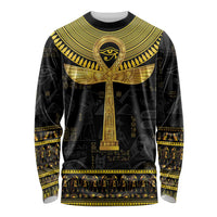 Unisex black long-sleeve shirt with large gold Egyptian ankh and hieroglyph print