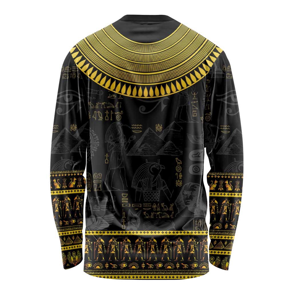 Unisex black long-sleeve shirt with gold Egyptian hieroglyphs and figure motifs across back