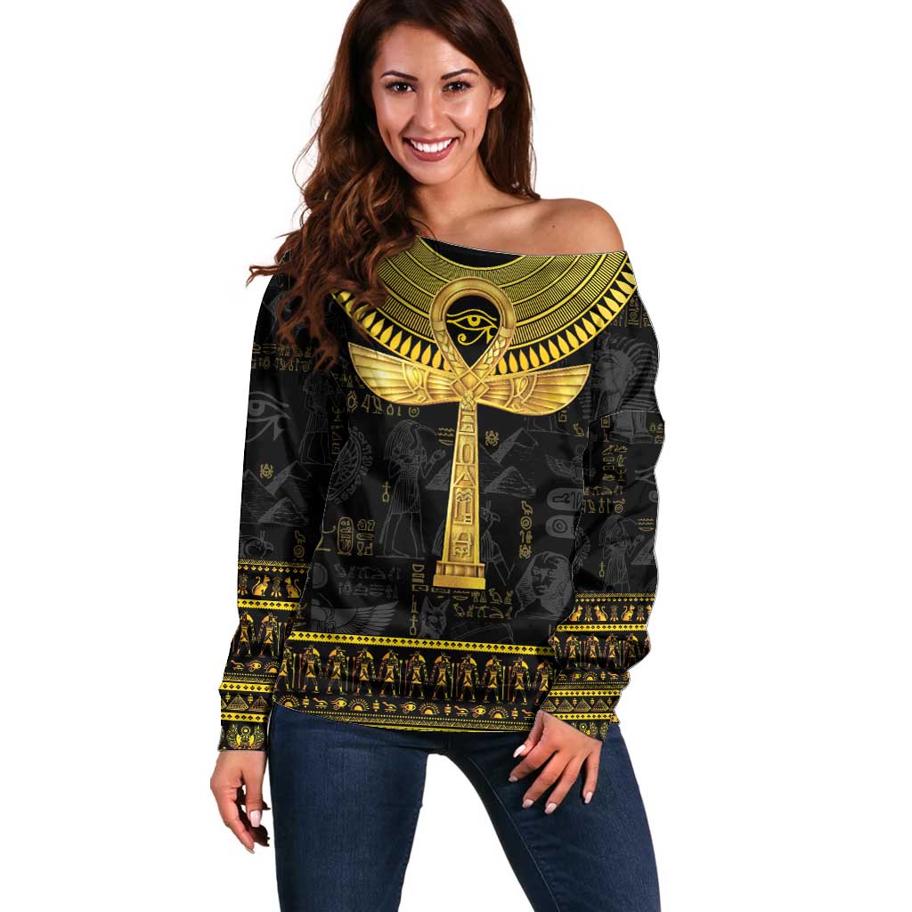 The Ankh Egyptian Hieroglyphs Off Shoulder Sweater - Wonder Print Shop