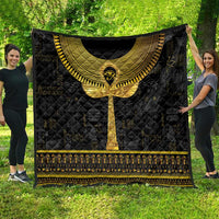 Black Egyptian hieroglyphs quilt with gold ankh centerpiece and gold trim, full spread