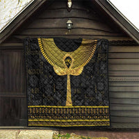 Black Egyptian hieroglyphs quilt with gold ankh emblem and patterned gold banding