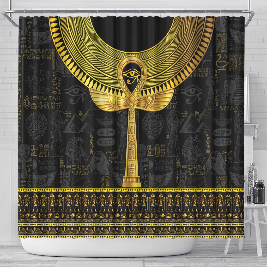 Black shower curtain with gold Ankh cross, Egyptian glyphs, and decorative border