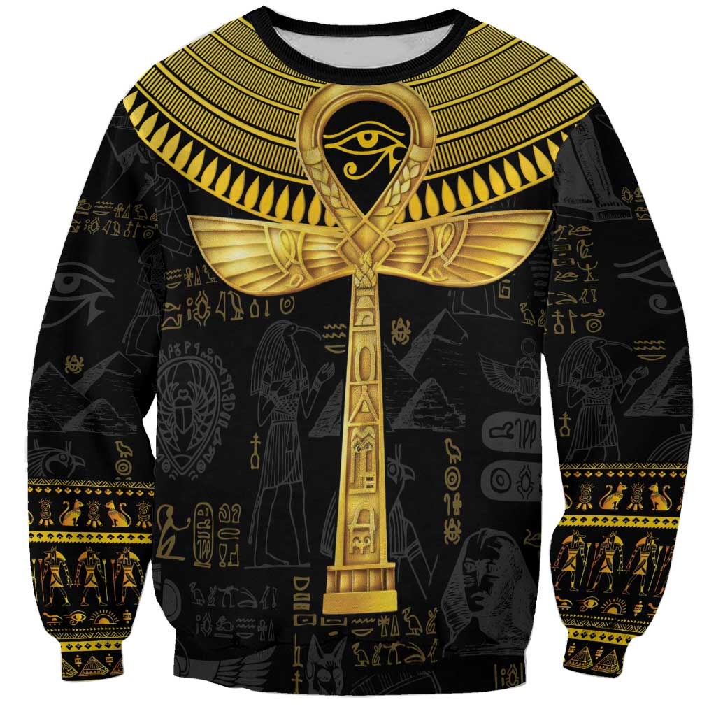 Black unisex sweatshirt with gold Egyptian hieroglyph and ankh wing graphic