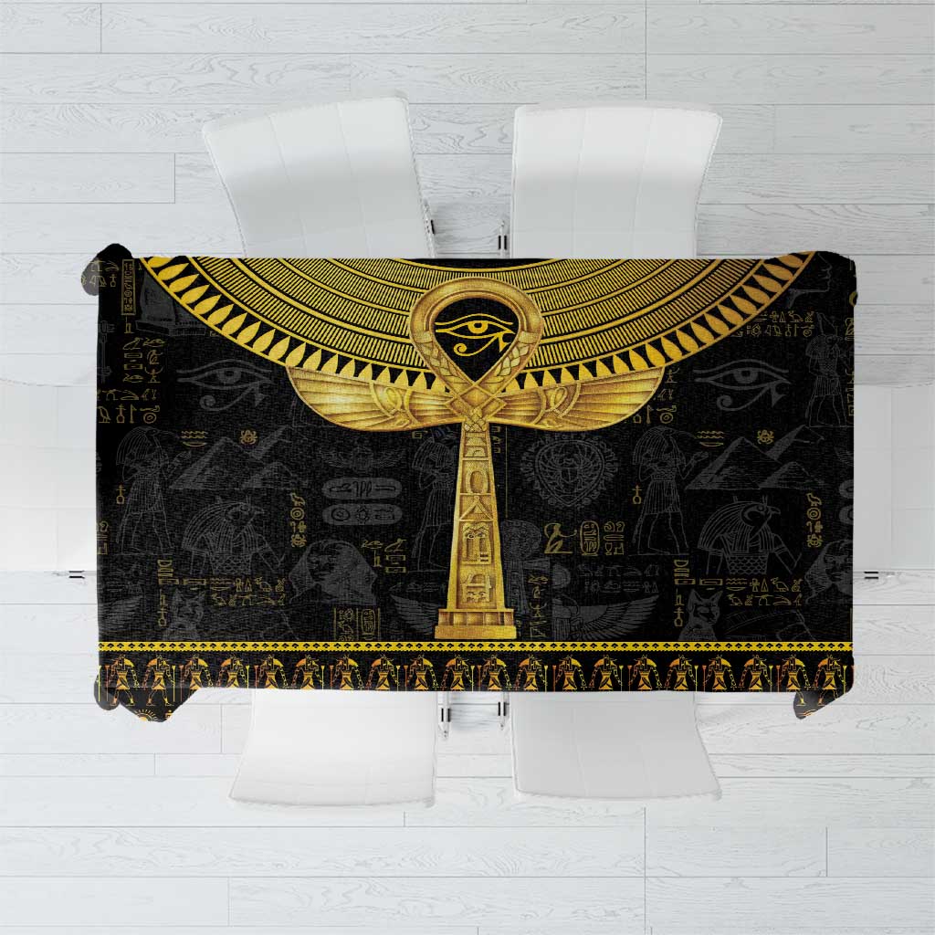 Black Egyptian hieroglyph tablecloth with gold ankh and decorative border along edges