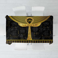 Black Egyptian hieroglyph tablecloth with gold ankh and decorative border along edges
