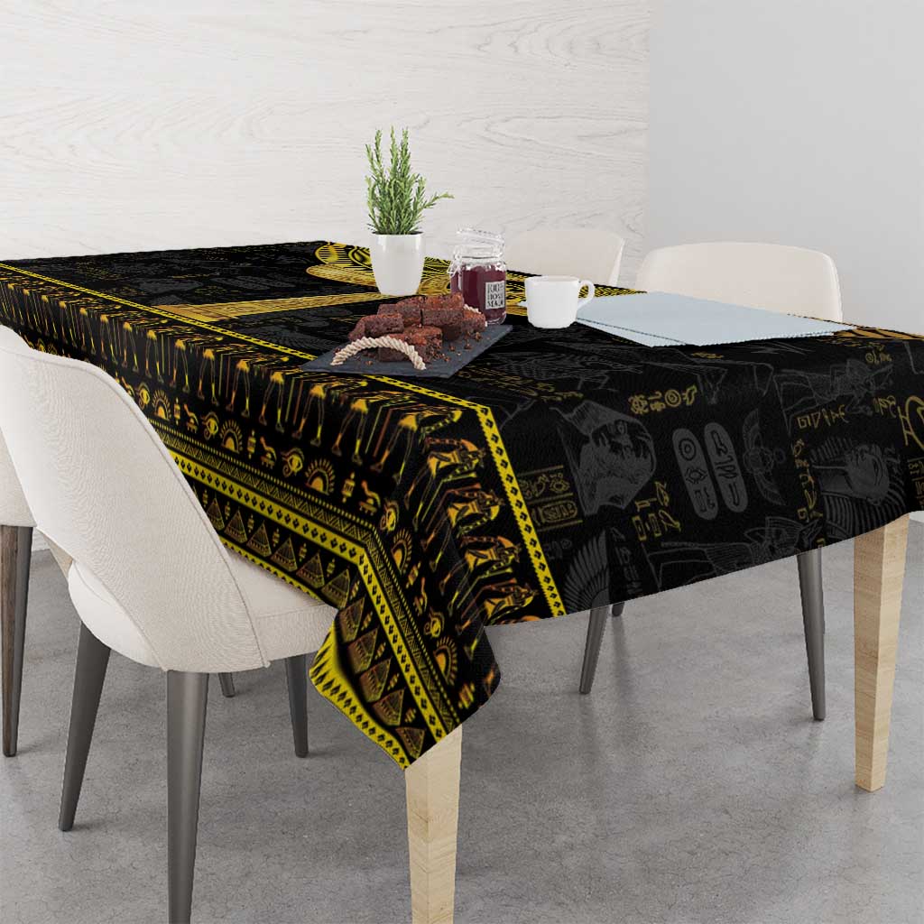 Black Egyptian hieroglyph tablecloth with gold stripe border and centered ankh motif