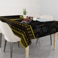 Black Egyptian hieroglyph tablecloth with gold stripe border and centered ankh motif